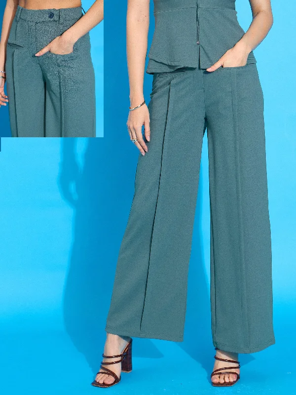 Straight - Leg Women's Vegan Leather Pants for a Chic LookWomen Green Front Pleated Straight Fit Trousers