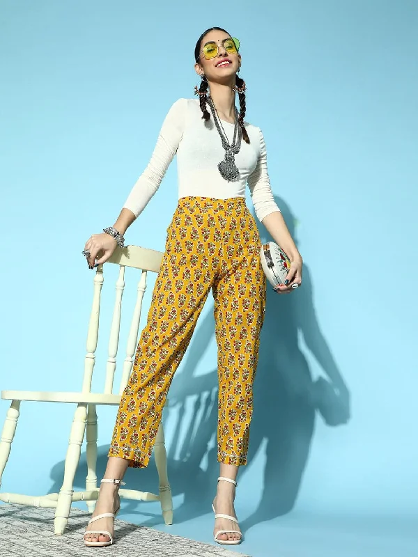 Bell - Bottom Style Women's Denim Pants with Embroidered DetailsWomen Mustard Booti Floral Pencil Pants Bell - Bottom Style Women's Denim Pants with Embroidered DetailsWomen Mustard Booti Floral Pencil Pants