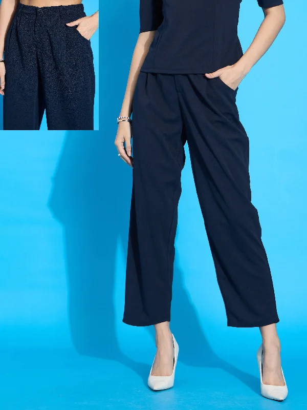 Tapered Leg Women's Wool Blend Trousers for WinterWomen Navy Knit Tapered Pants