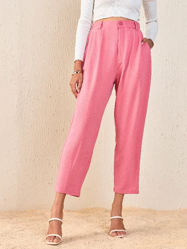 Tapered Leg Women's Wool Blend Trousers for WinterWomen Pink Tapered Pants