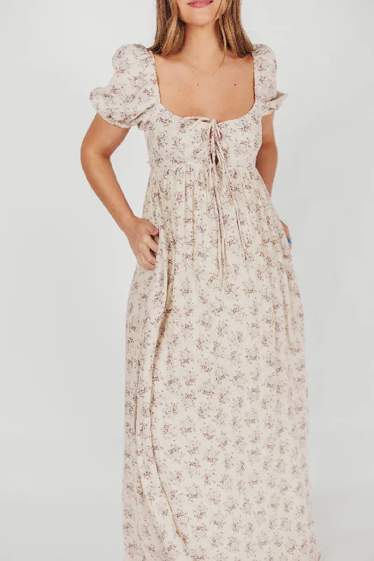 Pleated Women Dress with a Timeless and Elegant TextureHaven 100% Cotton Tie-Front Maxi Dress in Blue/Brown Floral - Bump Friendly