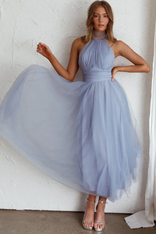 Empire Waist Women Dress to Accentuate the Bust and Conceal the WaistAndria Halterneck Tulle Midi Dress Blue Empire Waist Women Dress to Accentuate the Bust and Conceal the WaistAndria Halterneck Tulle Midi Dress Blue