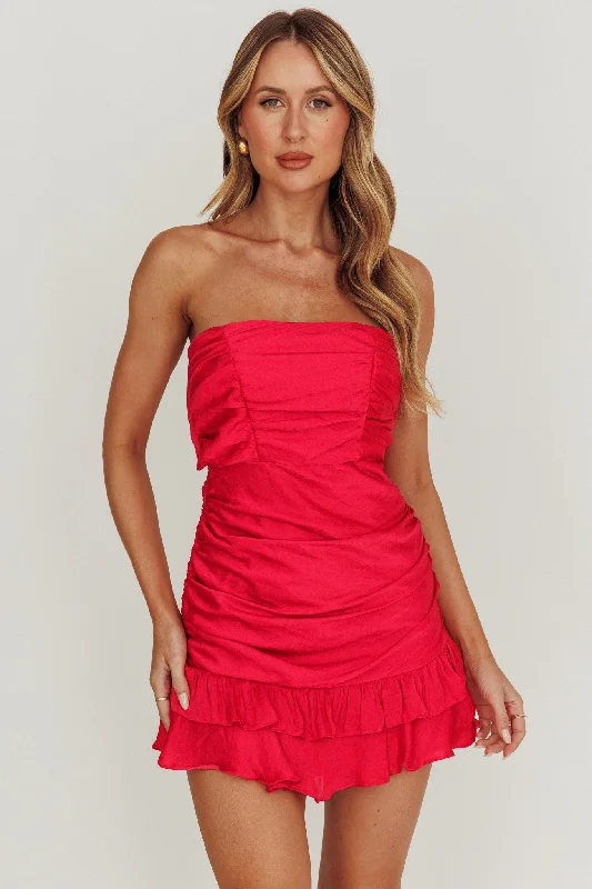 Sleeveless Women Dress in Bright Colors for Summer PartiesAnnabella Strapless Tied Back Frill Hem Mini Dress Fuchsia Sleeveless Women Dress in Bright Colors for Summer PartiesAnnabella Strapless Tied Back Frill Hem Mini Dress Fuchsia