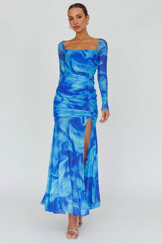 Off - the - Shoulder Women Dress for a Romantic and Feminine LookApryl Long Sleeve Lace-Up Back Maxi Dress Blue Off - the - Shoulder Women Dress for a Romantic and Feminine LookApryl Long Sleeve Lace-Up Back Maxi Dress Blue
