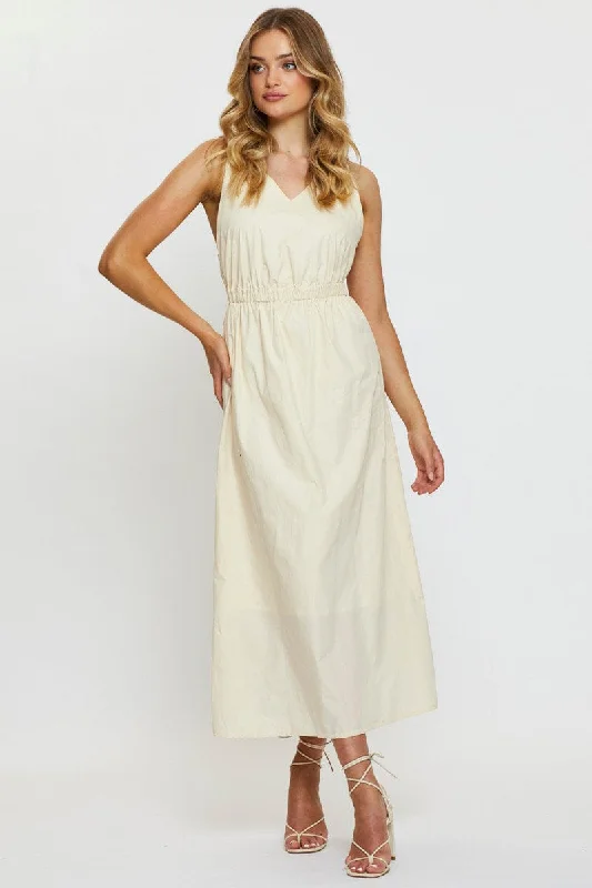 Ruffled Women Dress with Multiple Layers for a Playful and Girly StyleBeige Maxi Dress Sleeveless