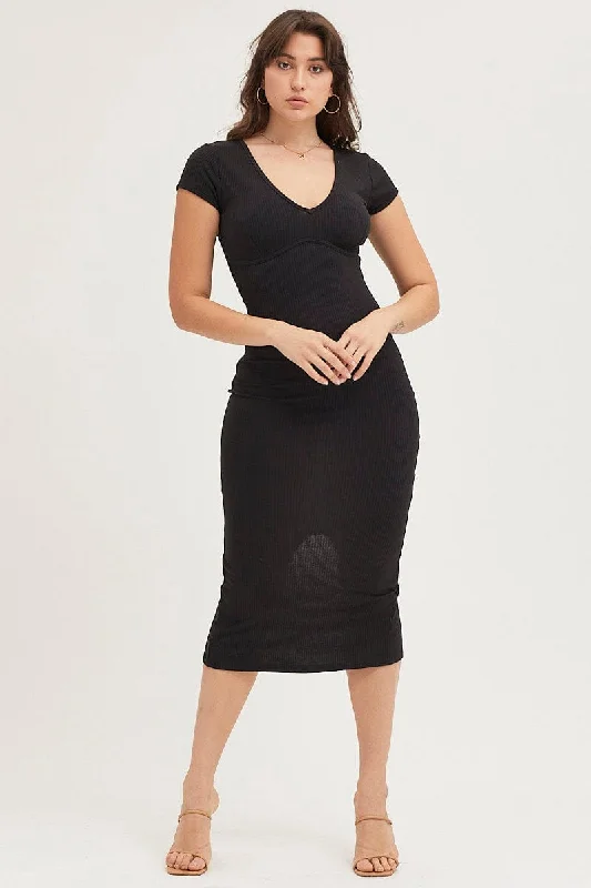 Off - the - Shoulder Women Dress for a Romantic and Feminine LookBlack Jersey Dress Short Sleeve Midi Ribbed