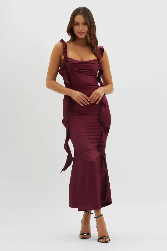 Off - the - Shoulder Women Dress for a Romantic and Feminine LookBlushing Ruffle Trim Midi Dress Wine Off - the - Shoulder Women Dress for a Romantic and Feminine LookBlushing Ruffle Trim Midi Dress Wine