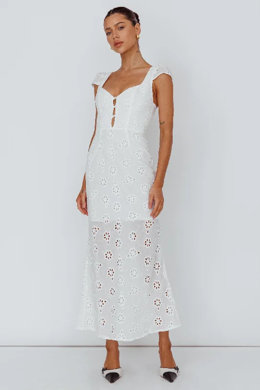 Mermaid - Style Women Dress with a Fitted Silhouette for Special OccasionsBohemian Sun Cap Sleeve Eyelet Midi Dress White Mermaid - Style Women Dress with a Fitted Silhouette for Special OccasionsBohemian Sun Cap Sleeve Eyelet Midi Dress White