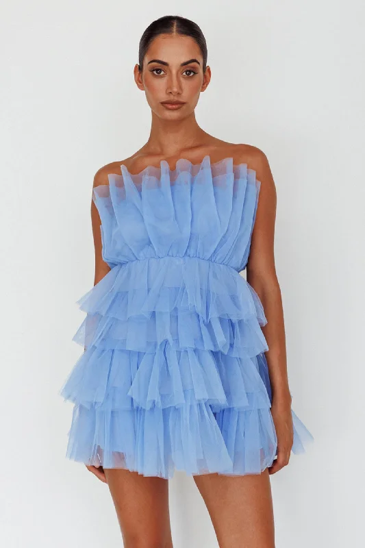 Strapless Women Dress with a Built - in Bra for Comfort and SupportBon Bon Tiered Mesh Mini Dress Steel Blue Strapless Women Dress with a Built - in Bra for Comfort and SupportBon Bon Tiered Mesh Mini Dress Steel Blue