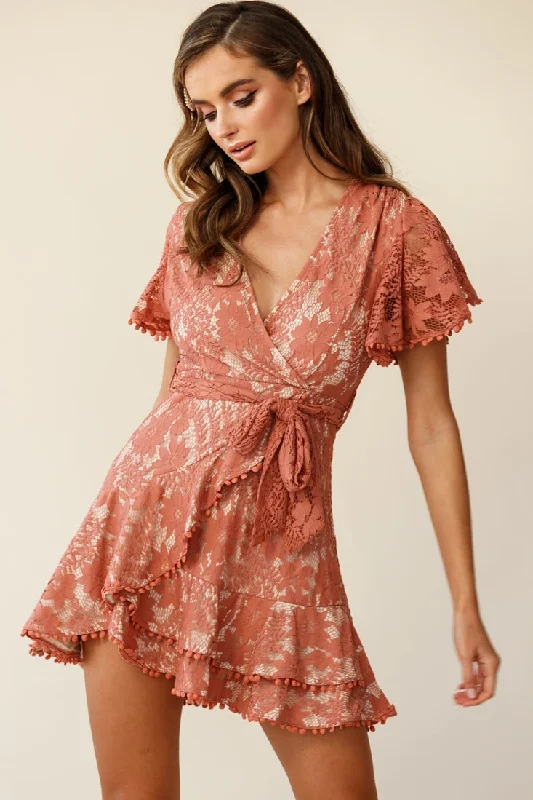 Wrap - Style Women Dress with Adjustable Fit for All Body TypesCami Angel Sleeve Faux Wrap Dress Lace Rose Wrap - Style Women Dress with Adjustable Fit for All Body TypesCami Angel Sleeve Faux Wrap Dress Lace Rose