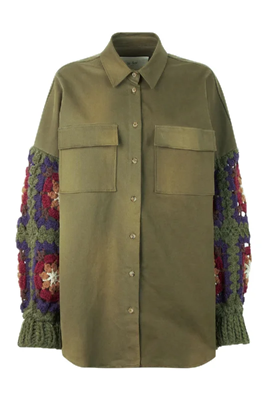 Women's bomber jackets with a holographic finish for a futuristic and eye - catching lookCanvas Overshirt With Crochet Sleeves Women's bomber jackets with a holographic finish for a futuristic and eye - catching lookCanvas Overshirt With Crochet Sleeves