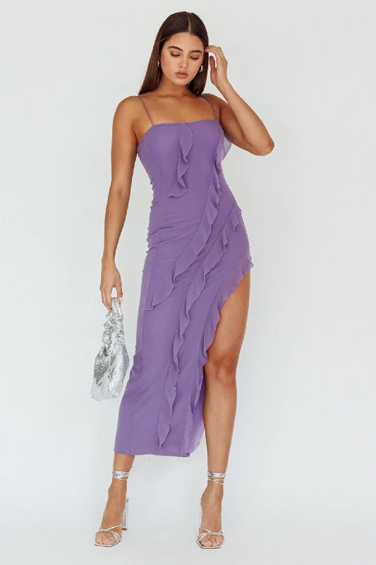 Sheath Women Dress with a Tailored Fit for a Professional LookCatriona Split Ruffle Midi Dress Mauve Sheath Women Dress with a Tailored Fit for a Professional LookCatriona Split Ruffle Midi Dress Mauve