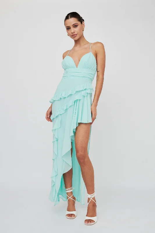 Backless Women Dress for a Sexy and Alluring Look at Evening EventsCheck Mate Frill Trim Cut-Out Split Dress Mint Backless Women Dress for a Sexy and Alluring Look at Evening EventsCheck Mate Frill Trim Cut-Out Split Dress Mint