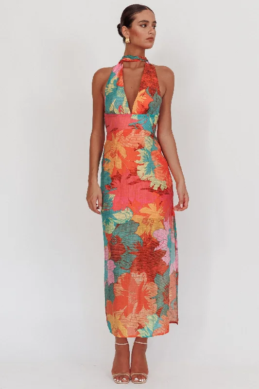 Ball Gown Women Dress with a Full Skirt for a Princess - like LookCipriana Backless Halter Maxi Dress Floral Pink Ball Gown Women Dress with a Full Skirt for a Princess - like LookCipriana Backless Halter Maxi Dress Floral Pink