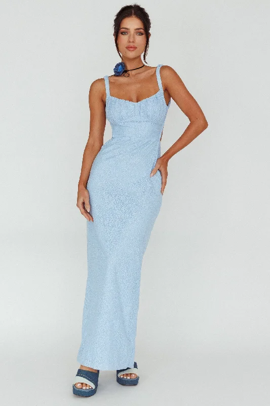 Off - the - Shoulder Women Dress for a Romantic and Feminine LookDream Crush Lace-Up Back Mesh Overlay Midi Dress Blue Off - the - Shoulder Women Dress for a Romantic and Feminine LookDream Crush Lace-Up Back Mesh Overlay Midi Dress Blue