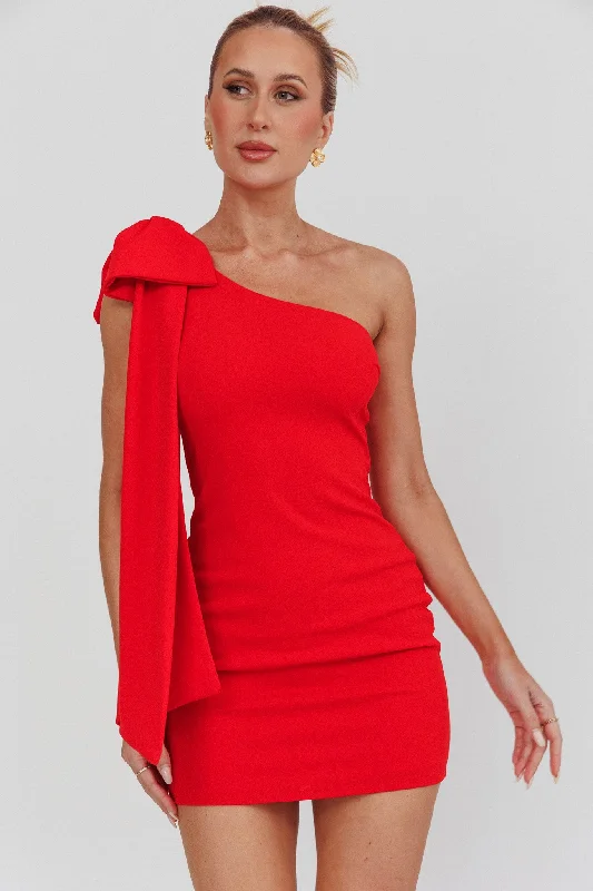 Plus Size Women Dress with a Flattering A - Line Cut for Comfort and StyleEarned It One Shoulder Bow Mini Dress Red Plus Size Women Dress with a Flattering A - Line Cut for Comfort and StyleEarned It One Shoulder Bow Mini Dress Red