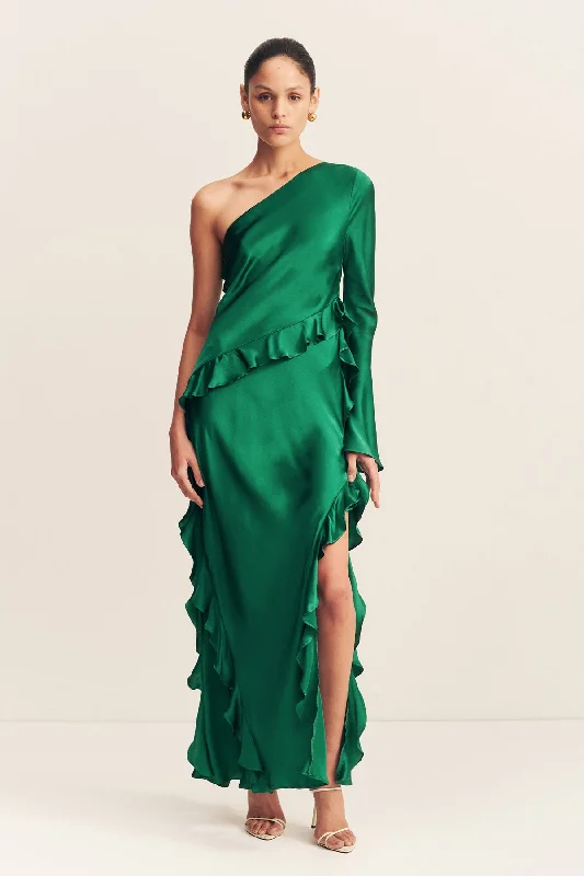 Mermaid - Style Women Dress with a Fitted Silhouette for Special OccasionsELLE SILK ASYMMETRICAL ONE SHOULDER RUFFLE MAXI DRESS - EMERALD GREEN Mermaid - Style Women Dress with a Fitted Silhouette for Special OccasionsELLE SILK ASYMMETRICAL ONE SHOULDER RUFFLE MAXI DRESS - EMERALD GREEN