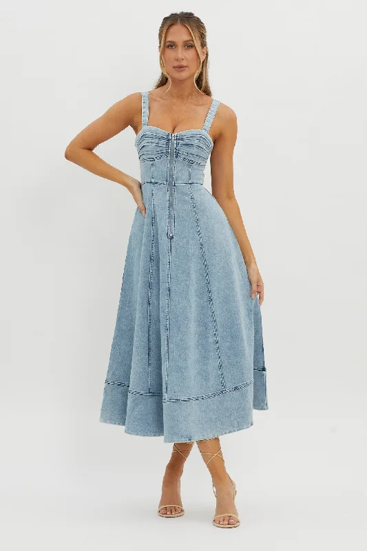 Strapless Women Dress with a Built - in Bra for Comfort and SupportEmilio Pleated Bust A-Line Midi Dress Denim Blue Strapless Women Dress with a Built - in Bra for Comfort and SupportEmilio Pleated Bust A-Line Midi Dress Denim Blue