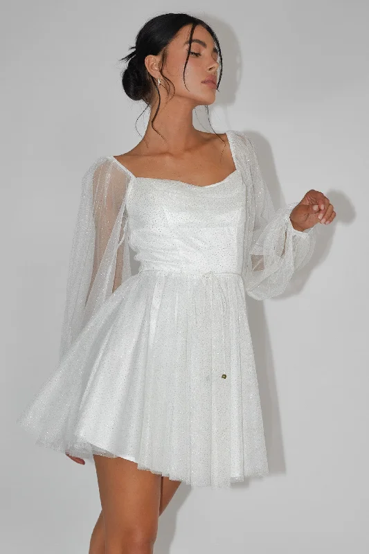 Backless Women Dress for a Sexy and Alluring Look at Evening EventsFairytale Dream Pleat Neckline Mini Dress Sparkle White/Gold Backless Women Dress for a Sexy and Alluring Look at Evening EventsFairytale Dream Pleat Neckline Mini Dress Sparkle White/Gold
