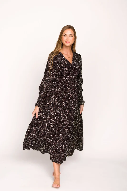 Wrap - Style Women Dress with Adjustable Fit for All Body TypesBrandi Long-Sleeve Button-Up Maxi Dress in Black Floral Wrap - Style Women Dress with Adjustable Fit for All Body TypesBrandi Long-Sleeve Button-Up Maxi Dress in Black Floral