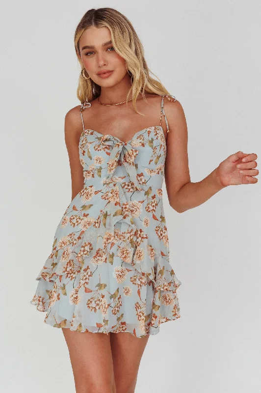 Off - the - Shoulder Women Dress for a Romantic and Feminine LookFlower Child Bust Tie Ruffle Trim Dress Roses Blue Off - the - Shoulder Women Dress for a Romantic and Feminine LookFlower Child Bust Tie Ruffle Trim Dress Roses Blue