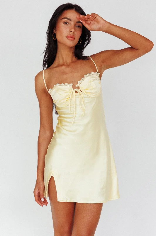 Backless Women Dress for a Sexy and Alluring Look at Evening EventsFortune Lace Trim Bust Tie Mini Dress Butter Backless Women Dress for a Sexy and Alluring Look at Evening EventsFortune Lace Trim Bust Tie Mini Dress Butter