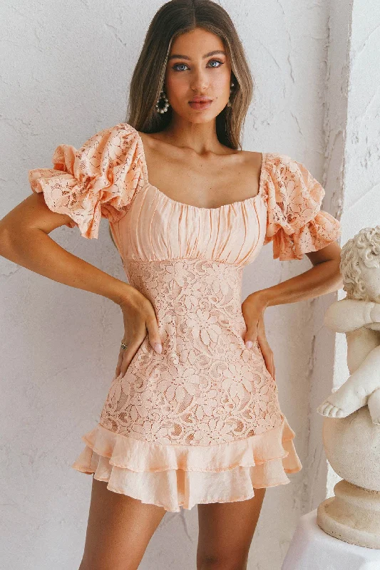 Shift Women Dress with a Simple and Classic Design for Everyday WearGeorgia Peach Puff Sleeve Double Frill Hem Lace Dress Peach Shift Women Dress with a Simple and Classic Design for Everyday WearGeorgia Peach Puff Sleeve Double Frill Hem Lace Dress Peach