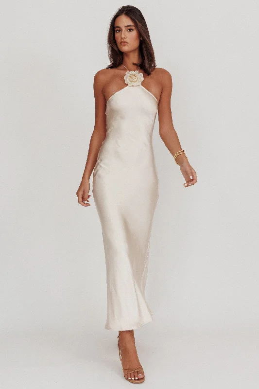 Mermaid - Style Women Dress with a Fitted Silhouette for Special OccasionsHigh Roller Flower Decoration Halter Dress Champagne Mermaid - Style Women Dress with a Fitted Silhouette for Special OccasionsHigh Roller Flower Decoration Halter Dress Champagne