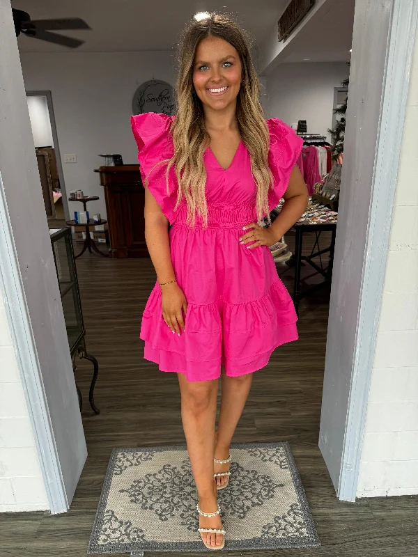 Halter Neck Women Dress to Show Off the Shoulders and NecklineHot pink flutter sleeve dress Halter Neck Women Dress to Show Off the Shoulders and NecklineHot pink flutter sleeve dress