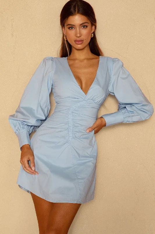 Halter Neck Women Dress to Show Off the Shoulders and NecklineJosie Long Sleeved Ruched Feature Mini Dress Blue Halter Neck Women Dress to Show Off the Shoulders and NecklineJosie Long Sleeved Ruched Feature Mini Dress Blue