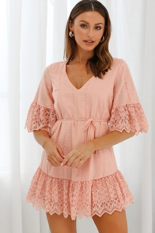 Mermaid - Style Women Dress with a Fitted Silhouette for Special OccasionsKarissa Lace Trim Waist Tie Tunic Dress Blush Mermaid - Style Women Dress with a Fitted Silhouette for Special OccasionsKarissa Lace Trim Waist Tie Tunic Dress Blush