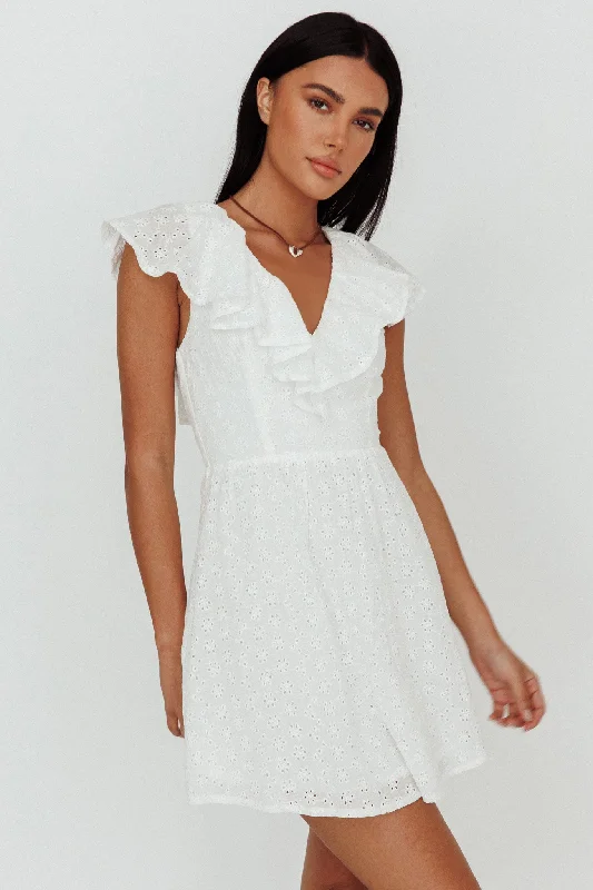Shift Women Dress with a Simple and Classic Design for Everyday WearKiarah Eyelet Ruffle Mini Dress White Shift Women Dress with a Simple and Classic Design for Everyday WearKiarah Eyelet Ruffle Mini Dress White