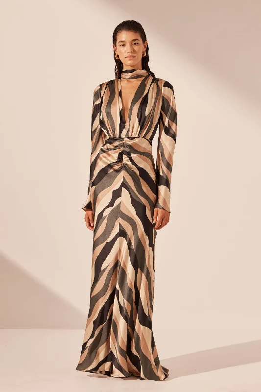 Sheath Women Dress with a Tailored Fit for a Professional LookKORI SILK PLUNGED LONG SLEEVE MAXI DRESS Sheath Women Dress with a Tailored Fit for a Professional LookKORI SILK PLUNGED LONG SLEEVE MAXI DRESS