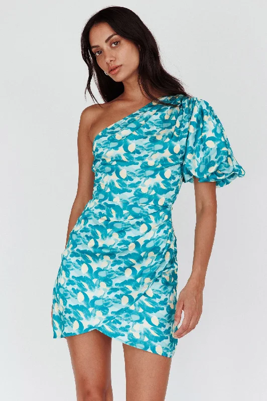 Mini Women Dress with a Short Hem for a Young and Trendy StyleKrishna One-Shoulder Puff Sleeve Mini Dress Green Mini Women Dress with a Short Hem for a Young and Trendy StyleKrishna One-Shoulder Puff Sleeve Mini Dress Green