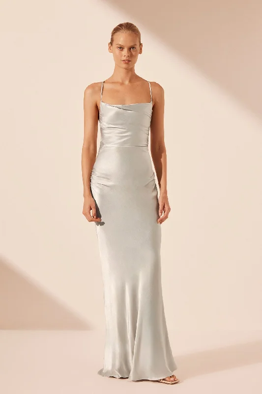 Halter Neck Women Dress to Show Off the Shoulders and NecklineLA LUNE LACE BACK MAXI DRESS - SILVER Halter Neck Women Dress to Show Off the Shoulders and NecklineLA LUNE LACE BACK MAXI DRESS - SILVER