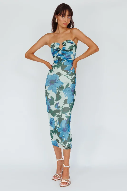 Strapless Women Dress with a Built - in Bra for Comfort and SupportLahita Strapless Midi Dress Floral Blue Strapless Women Dress with a Built - in Bra for Comfort and SupportLahita Strapless Midi Dress Floral Blue