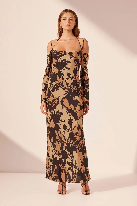 Backless Women Dress for a Sexy and Alluring Look at Evening EventsLAI SILK OFF THE SHOULDER TIE MAXI DRESS