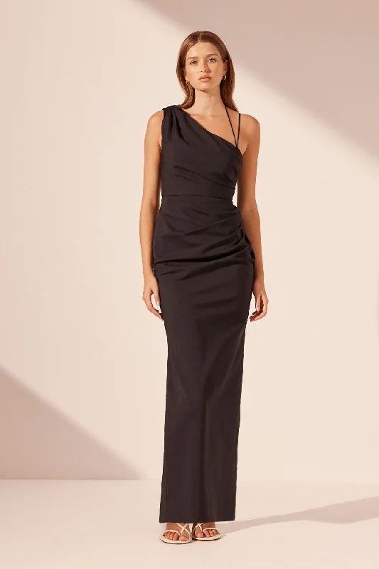 Maxi Women Dress with Floral Print for a Bohemian VibeLANI ASYMMETRICAL GATHERED MAXI DRESS - BLACK