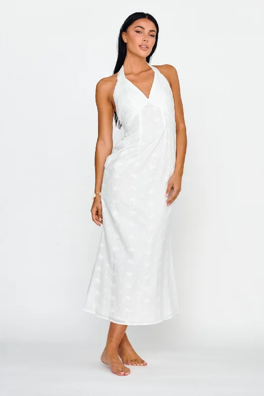 Printed Abstract Women Dress for a Modern and Artistic AppealLavara Halterneck Midi Dress White Printed Abstract Women Dress for a Modern and Artistic AppealLavara Halterneck Midi Dress White