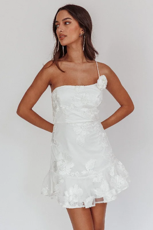Empire Waist Women Dress to Accentuate the Bust and Conceal the WaistLilah One-Shoulder Embellished Rosette Dress White Empire Waist Women Dress to Accentuate the Bust and Conceal the WaistLilah One-Shoulder Embellished Rosette Dress White