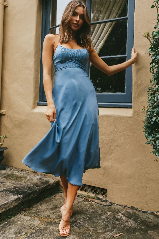 Pleated Women Dress with a Timeless and Elegant TextureLinka Cami Strap Midi Dress Dusty Blue Pleated Women Dress with a Timeless and Elegant TextureLinka Cami Strap Midi Dress Dusty Blue