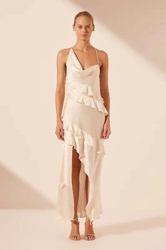 Halter Neck Women Dress to Show Off the Shoulders and NecklineLOUELLA SILK ASYMMETRICAL RUFFLE MAXI DRESS - IVORY Halter Neck Women Dress to Show Off the Shoulders and NecklineLOUELLA SILK ASYMMETRICAL RUFFLE MAXI DRESS - IVORY