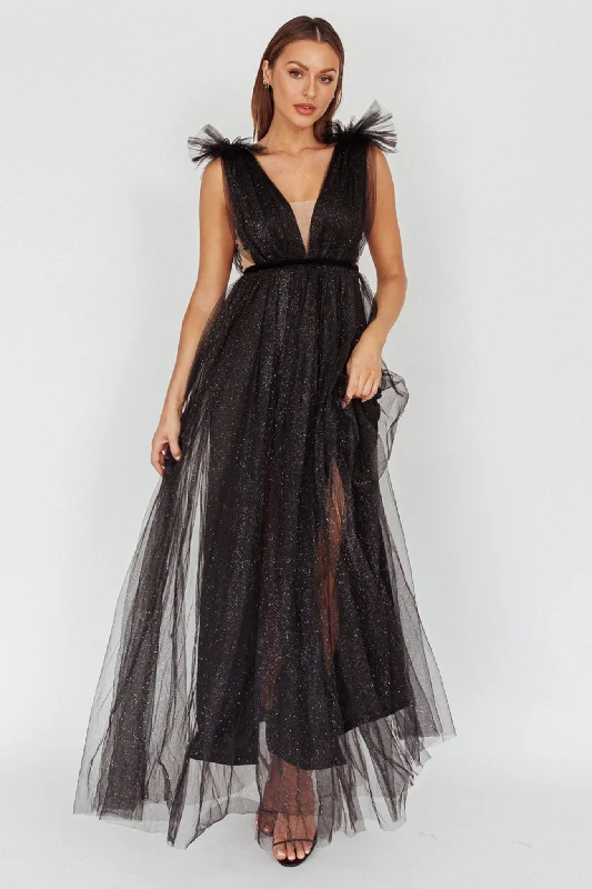 Sleeveless Women Dress in Bright Colors for Summer PartiesLudivine Shoulder Accent Mesh Midi Dress Glitter Black Sleeveless Women Dress in Bright Colors for Summer PartiesLudivine Shoulder Accent Mesh Midi Dress Glitter Black