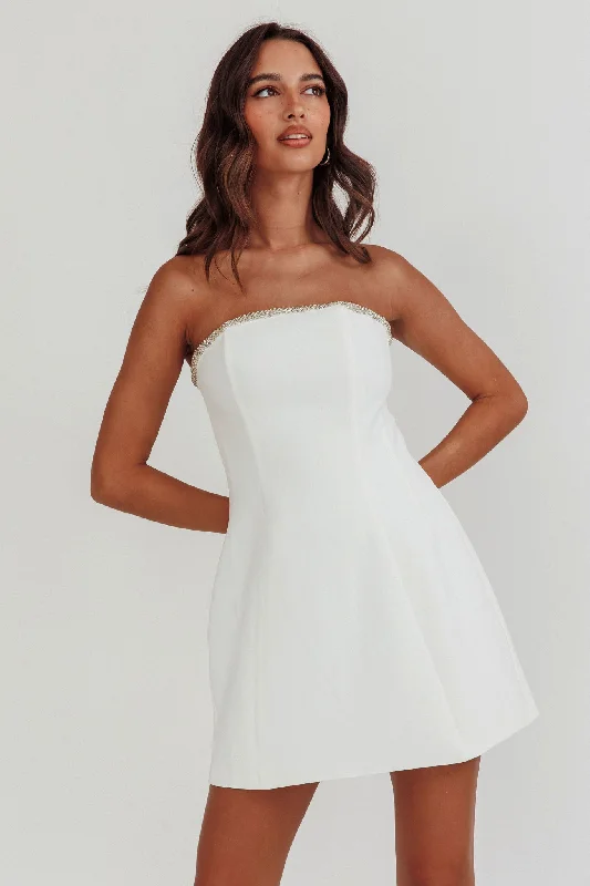 Wrap - Style Women Dress with Adjustable Fit for All Body TypesMacaila Rhinestone Trim Strapless Mini Dress Off White Wrap - Style Women Dress with Adjustable Fit for All Body TypesMacaila Rhinestone Trim Strapless Mini Dress Off White