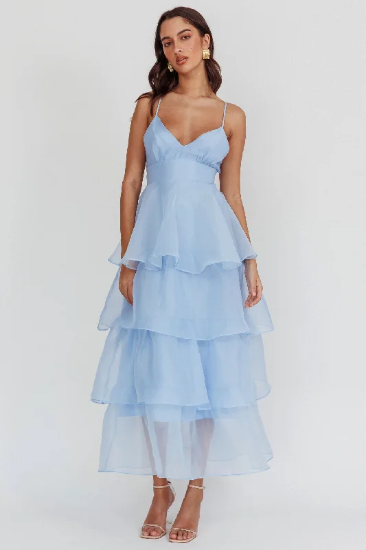 Empire Waist Women Dress to Accentuate the Bust and Conceal the WaistMade For You Tiered Ruffle Midi Dress Blue Empire Waist Women Dress to Accentuate the Bust and Conceal the WaistMade For You Tiered Ruffle Midi Dress Blue