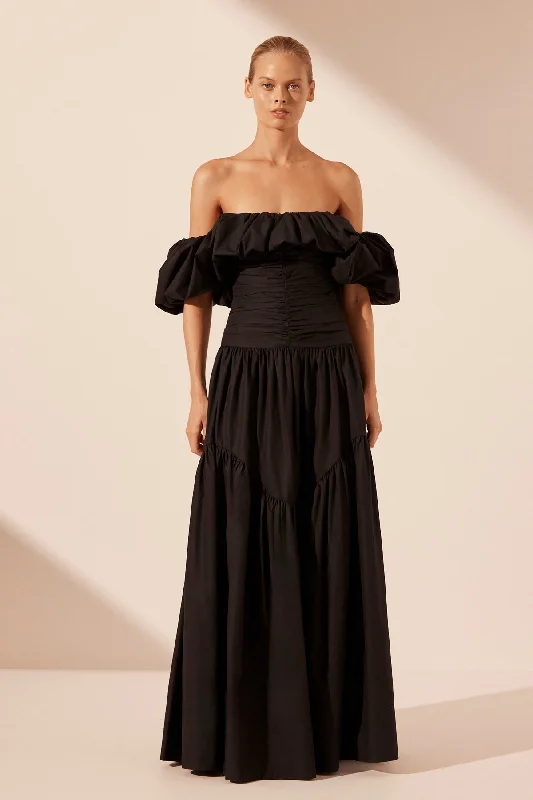 Lace - Embellished Women Dress for an Elegant and Sophisticated AppearanceMAIORI OFF SHOULDER RUCHED BODICE MAXI DRESS - BLACK