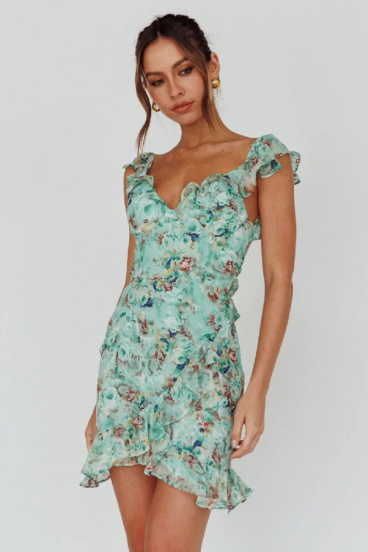 Printed Abstract Women Dress for a Modern and Artistic AppealMake Memories Frill Strap Mini Dress Floral Mint Printed Abstract Women Dress for a Modern and Artistic AppealMake Memories Frill Strap Mini Dress Floral Mint