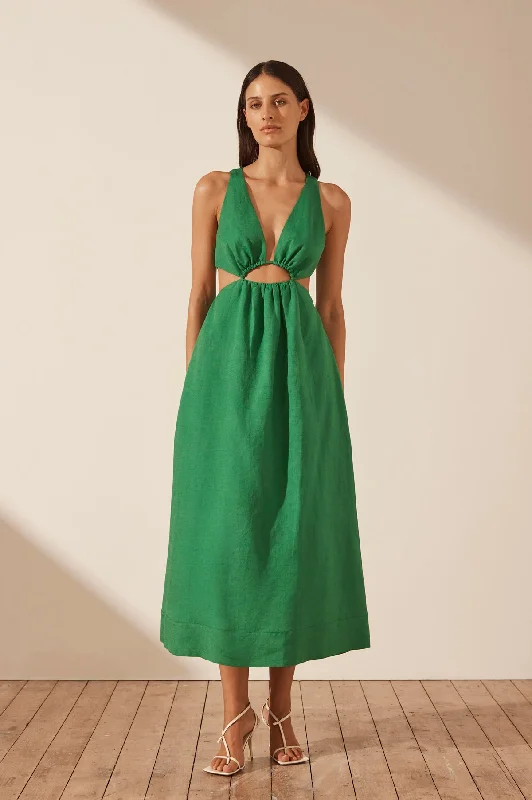 Lace - Embellished Women Dress for an Elegant and Sophisticated AppearanceMARE LINEN V NECK CUT OUT MIDI DRESS - TREE GREEN Lace - Embellished Women Dress for an Elegant and Sophisticated AppearanceMARE LINEN V NECK CUT OUT MIDI DRESS - TREE GREEN