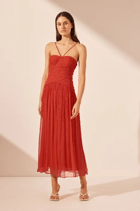 Empire Waist Women Dress to Accentuate the Bust and Conceal the WaistMARGOT RUCHED BODICE MIDI DRESS - SAILOR RED Empire Waist Women Dress to Accentuate the Bust and Conceal the WaistMARGOT RUCHED BODICE MIDI DRESS - SAILOR RED