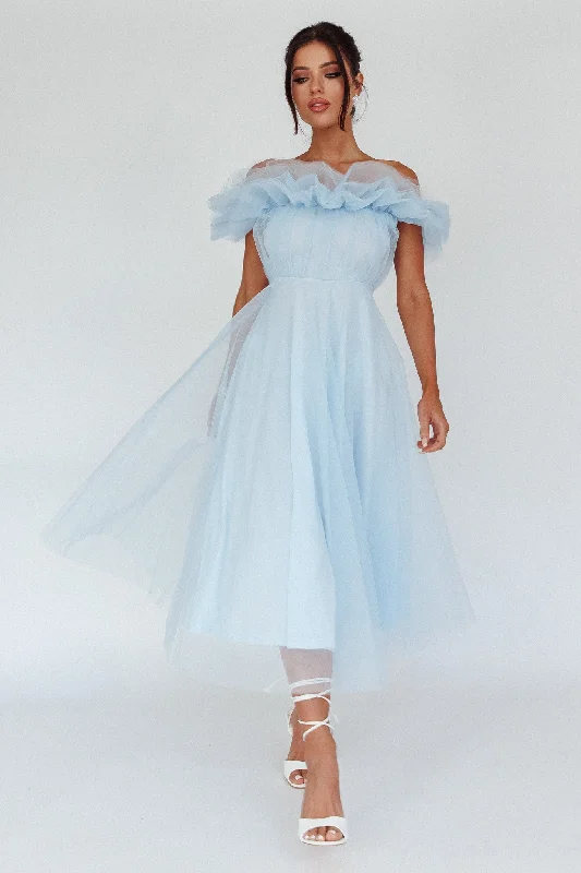 Ruffled Women Dress with Multiple Layers for a Playful and Girly StyleMay Rose Off-Shoulder Tulle Midi Dress Light Blue Ruffled Women Dress with Multiple Layers for a Playful and Girly StyleMay Rose Off-Shoulder Tulle Midi Dress Light Blue